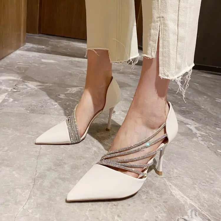 Zapatos de tacón alto para fiesta de noche de mujer, nuevos zapatos de salón elegantes para mujer, de punta, negros, con tiras, para mujer