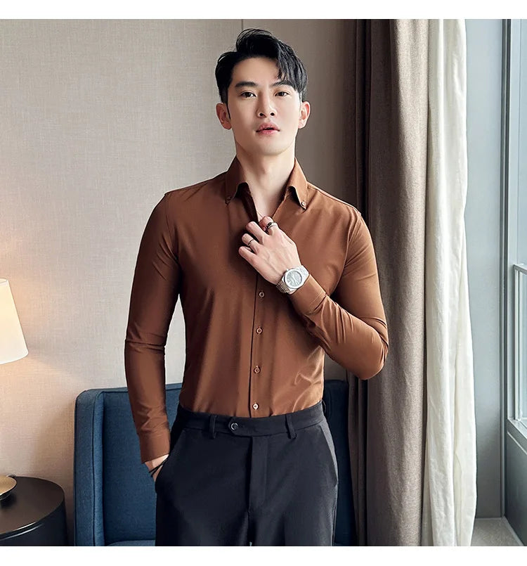 Camisa de vestir de hombre Otoño Estilo británico Liso Casual Ajustado Formal Camisas Cuello en V Manga Larga Camisa Ropa de hombre Streetwear