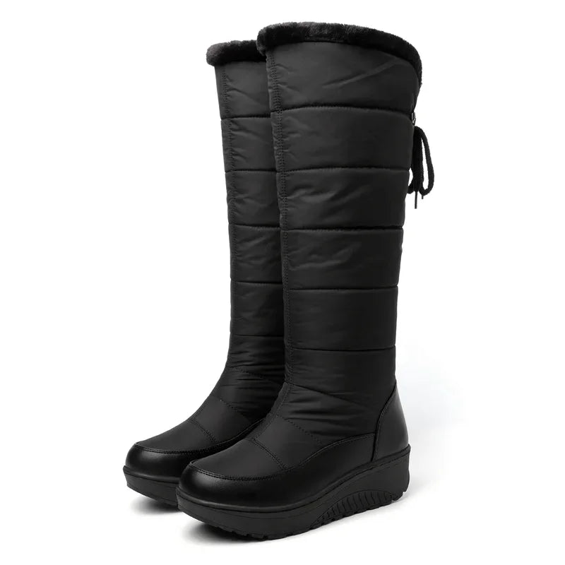 Hvite Vanntette Knehøye Snøstøvler Dame Tykk Pels Svart Dun Reise Fest Dame Snøring Kile Platå Hæler Lange Regnstøvler