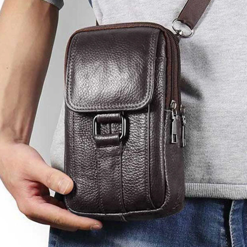 Riñonera portátil de cuero vacuno para teléfono móvil, multi-bolsillos, informal, para deporte al aire libre