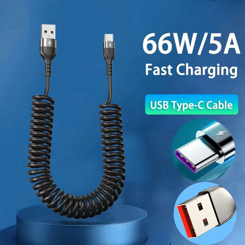 Cable telescópico de carga rápida para coche USB tipo C 66W 5A, tipo C a tipo C para iPhone 15 Samsung Huawei Xiaomi Redmi OnePlus