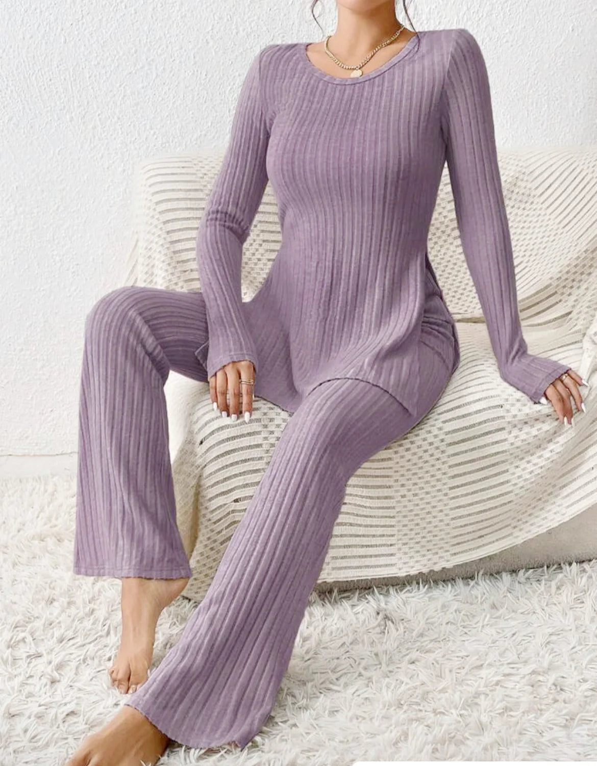 Ropa de Mujer Otoño Invierno Nuevo Estilo Color Sólido Sexy Casual Manga Larga Cuello Redondo Rajado Moda Temperamento Conjunto de Dos Piezas