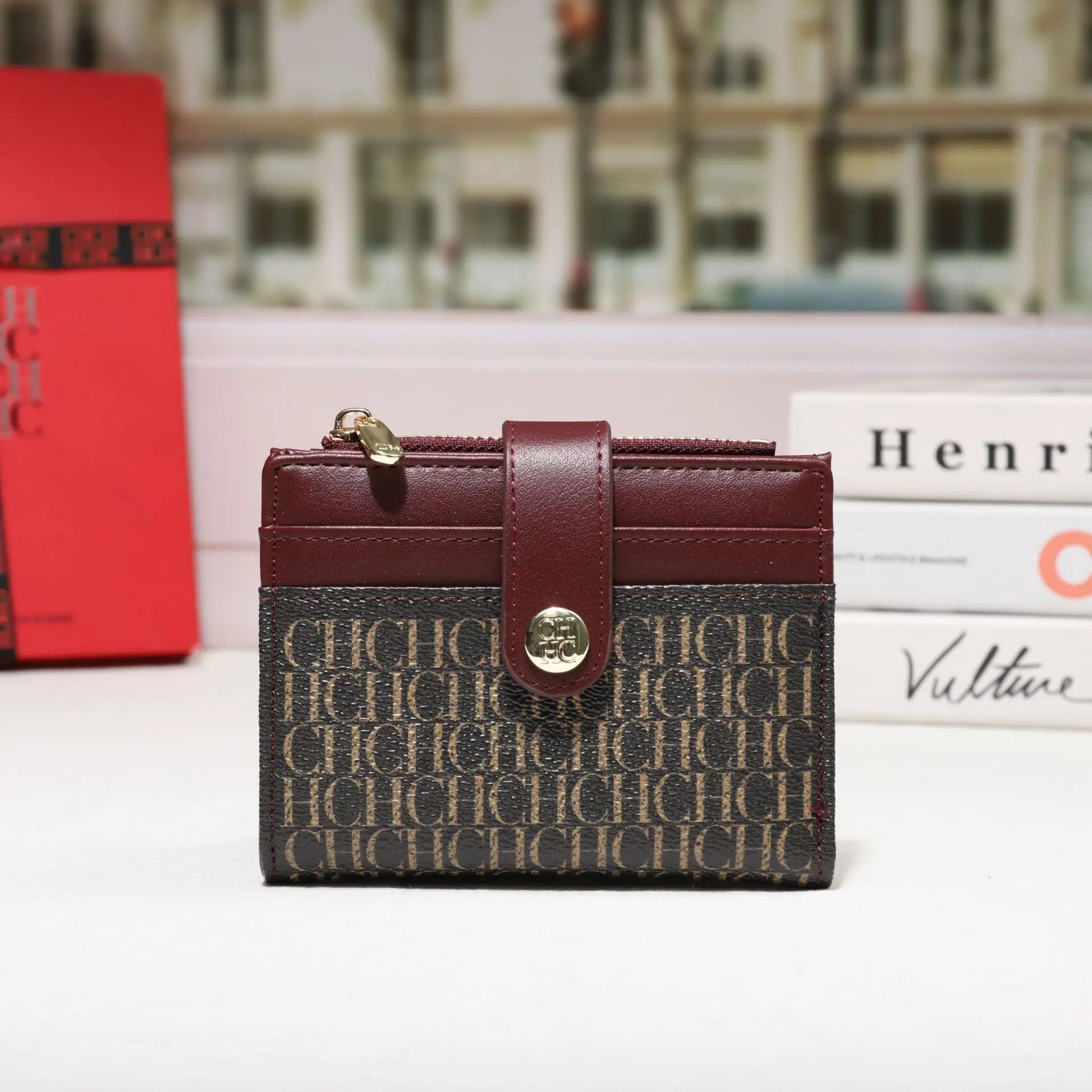 Cartera CH Luxury Classic plegable pequeña y ligera para mujer, cartera retro con estampado, mini tarjetero, monedero multifunción para tarjetas de identificación