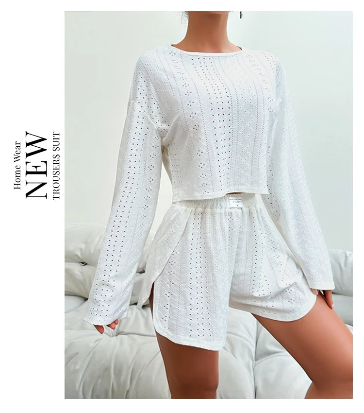 Conjunto de pijama para mujer, ropa de dormir, ropa de descanso, otoño, suave y cómodo, tops de manga larga con pantalones cortos, pijama de mujer, ropa de casa, 2 piezas