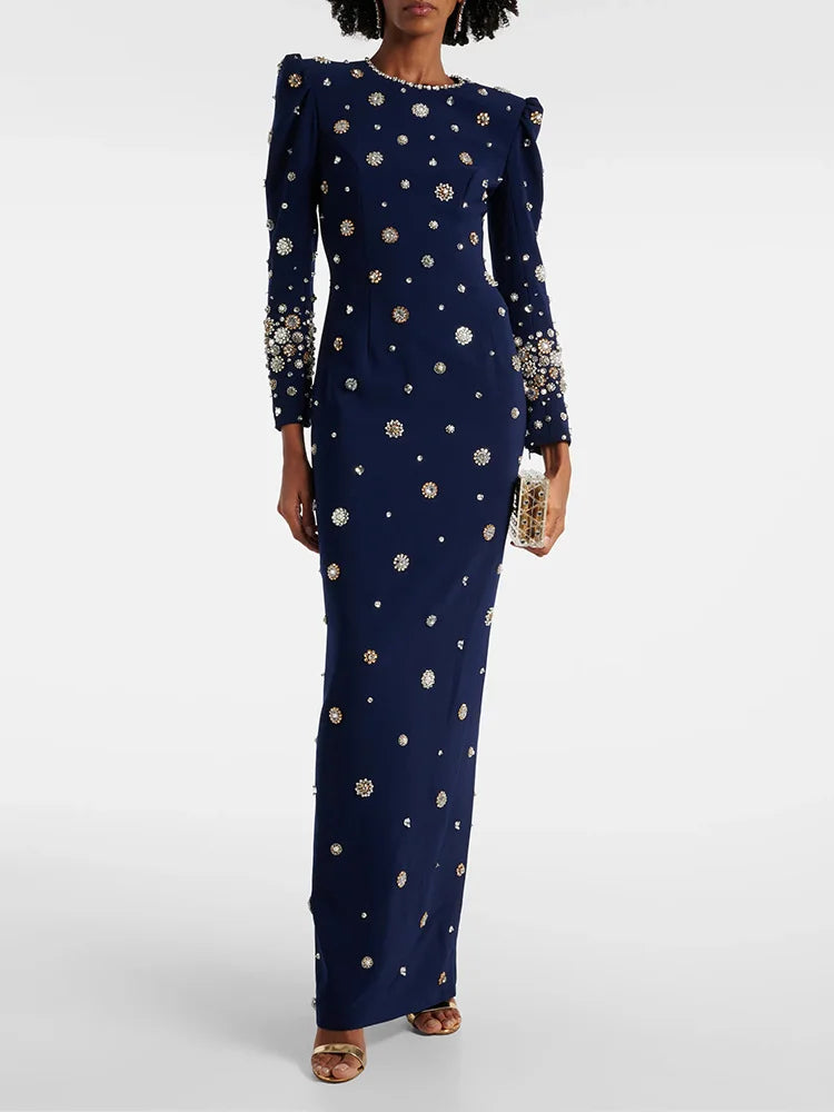 HIGH STREET Robe de soirée de créateur de mode pour femme, tenue de soirée élégante à manches longues, luxueuse robe longue perlée
