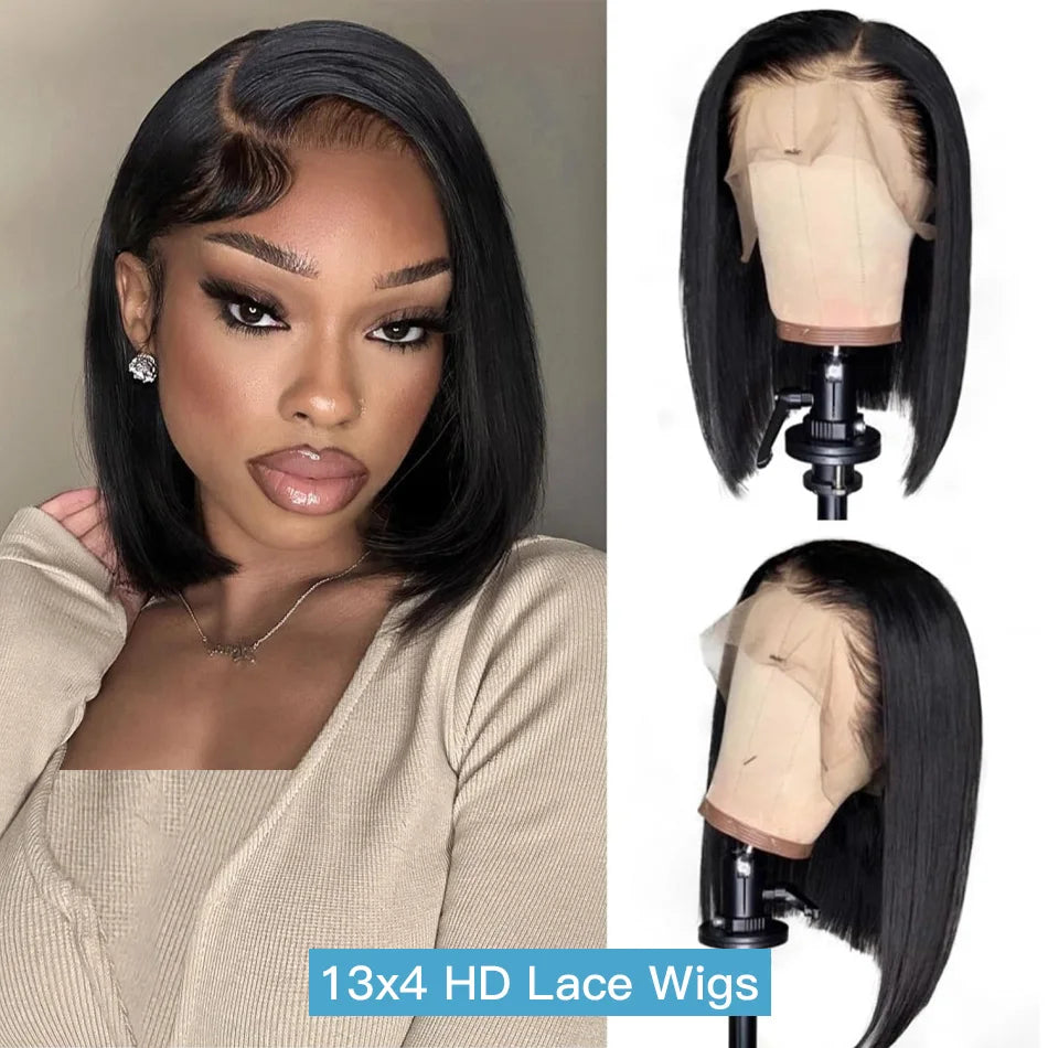 Pelucas de cabello humano Bob 13x6 pelucas delanteras de encaje 220 densidad cortas y lisas Hd Pelucas frontales de encaje transparente Cierre brasileño para mujeres