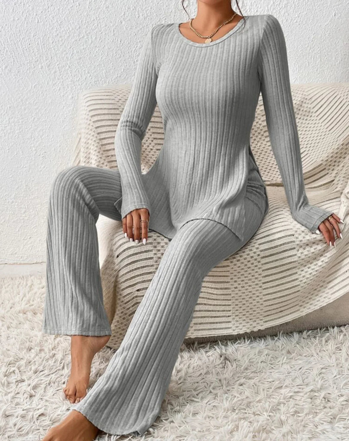 Ropa de Mujer Otoño Invierno Nuevo Estilo Color Sólido Sexy Casual Manga Larga Cuello Redondo Rajado Moda Temperamento Conjunto de Dos Piezas