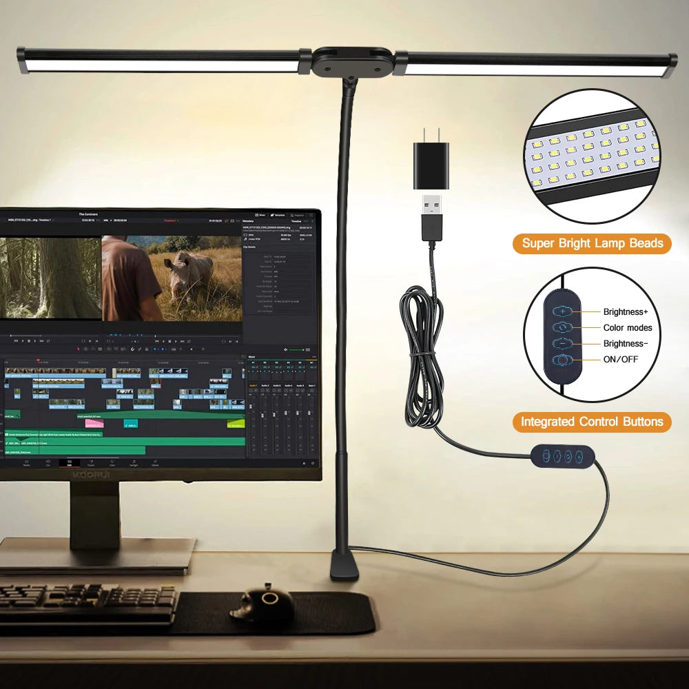 Lámpara de Escritorio LED de Uno o Dos Cabezales con Atenuación Continua, 3 Colores, Cuidado Ocular para el Hogar, Oficina, Luz de Lectura, Lámpara Flexible Ajustable