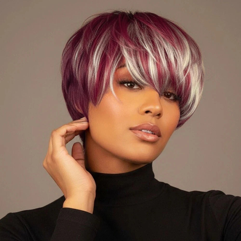 Perruque courte Pixie lisse en cheveux humains blonds et 99J avec filet rose, perruque fabriquée à la machine, aspect naturel, perruque courte 