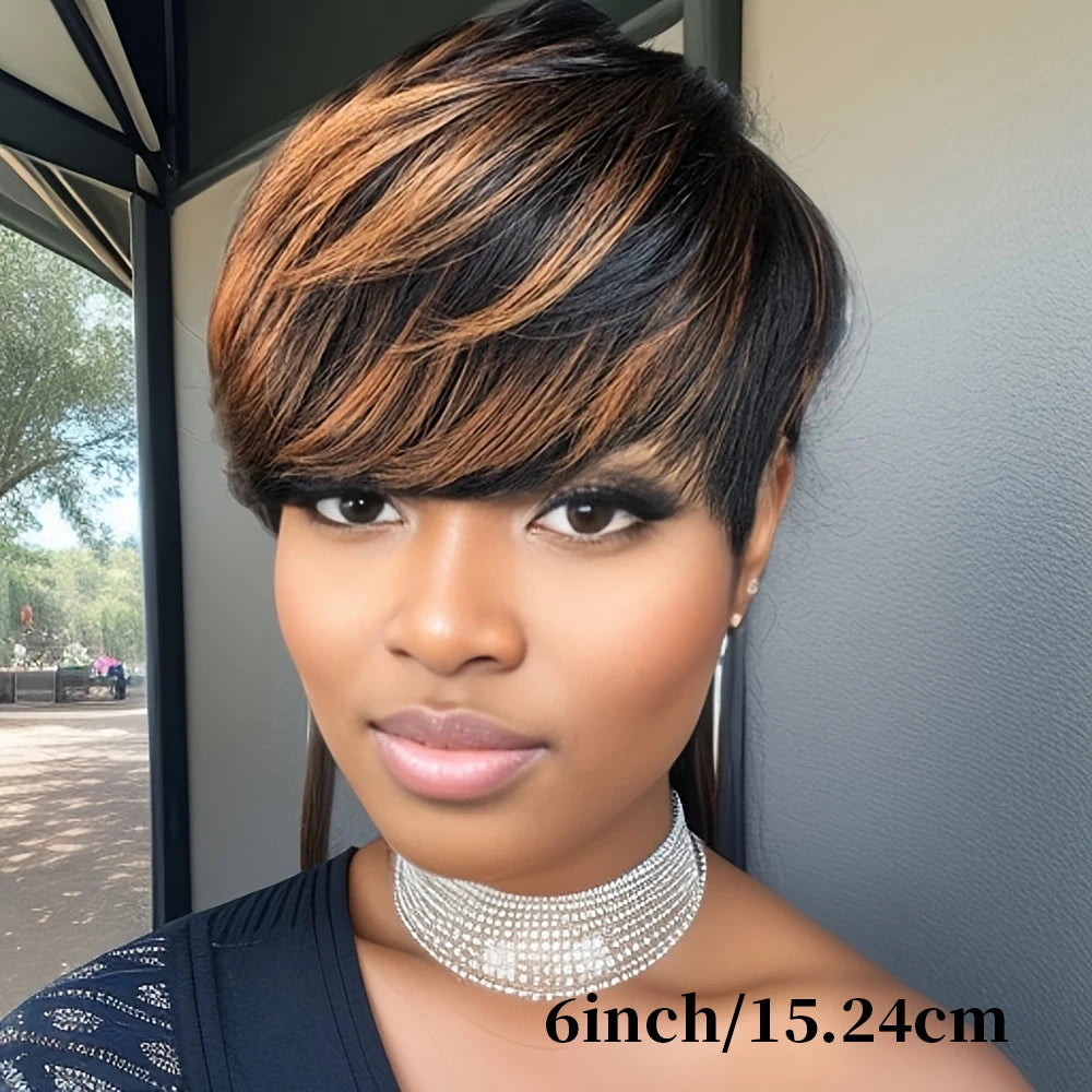 Short Pixie Cut Human Hair Wig – 1/30 Highlights with Bangs