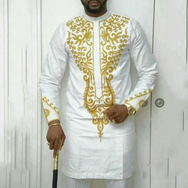 Conjuntos de camisas bordadas para hombres africanos África Manga larga Cuello redondo Top Pantalones Dos piezas Traje tradicional étnico de fiesta de boda