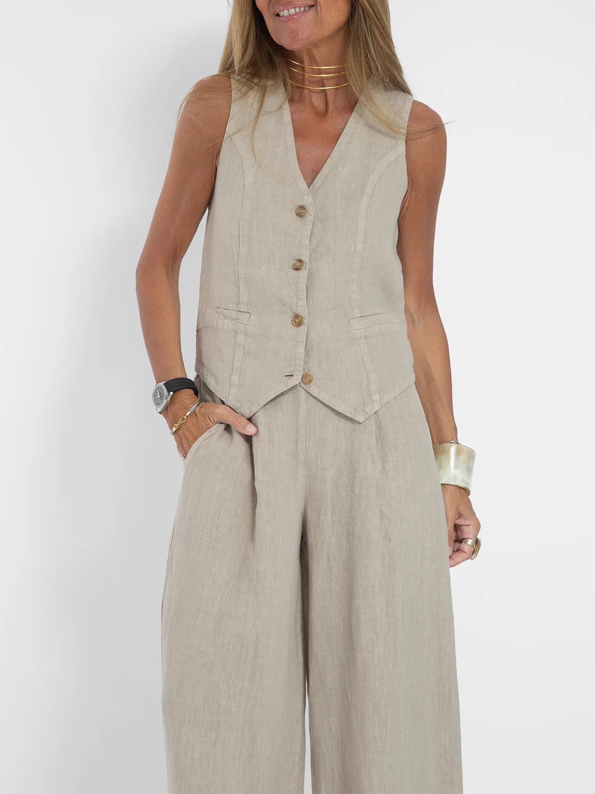 Conjuntos de chaleco y pantalón de moda para mujer, de algodón liso, traje informal, top sin mangas con botones de patchwork + pantalones, conjunto de 2 piezas para la oficina