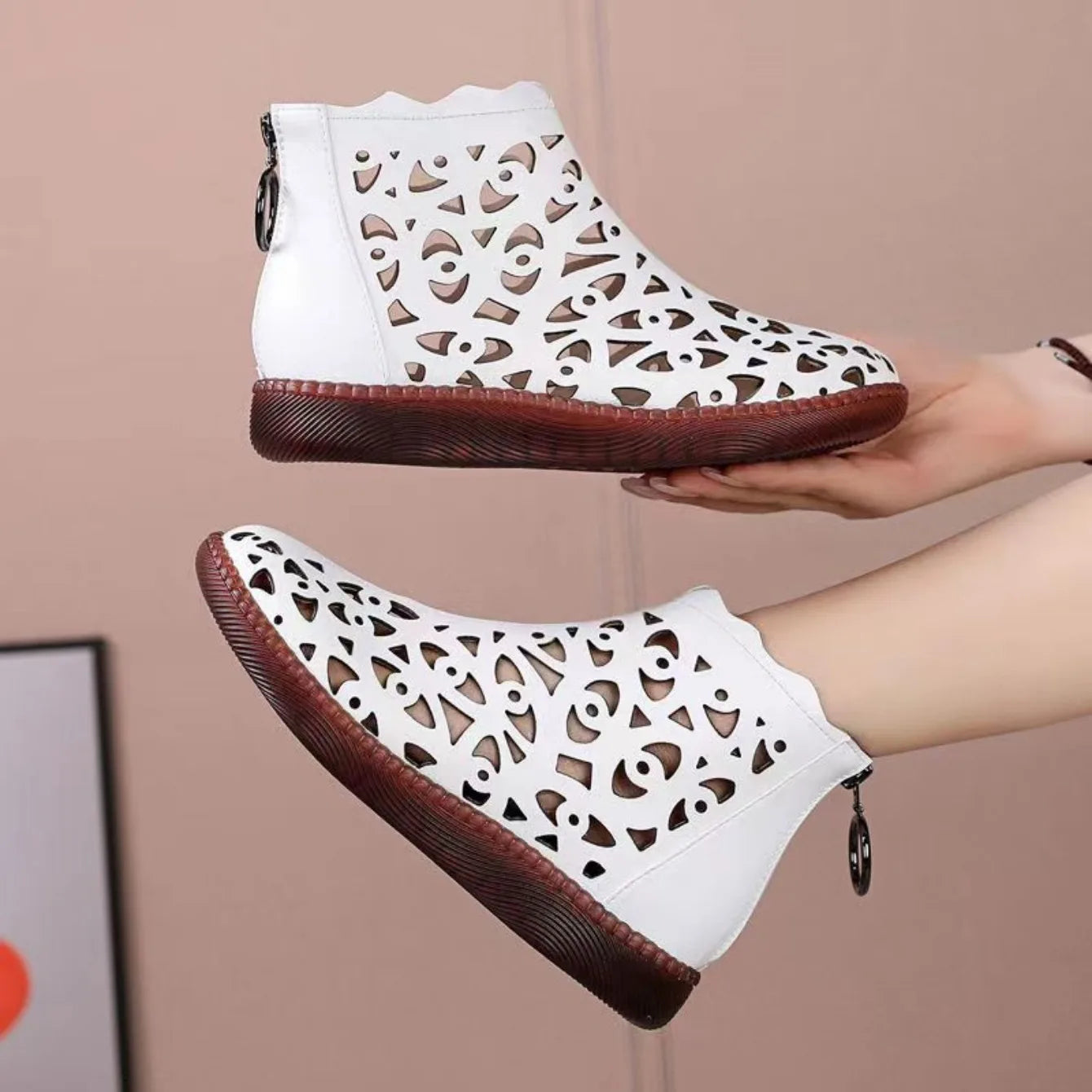Women Boots New Spring Summer Leather Sandals Women Breathable Hole Boots Flat Soft Non-slip Comfortable Shoes for Women