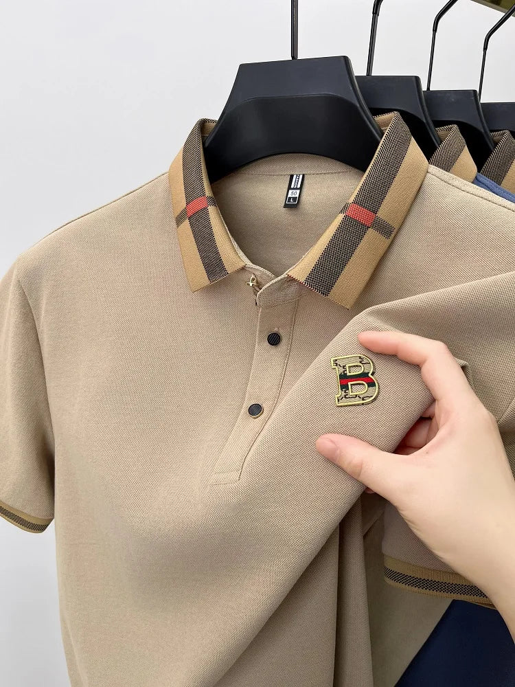 Polo de manga corta con logo de marca de lujo, camisa de polo de seda y algodón de alta gama, transpirable, para hombre, nueva colección de verano, camiseta Paul, ropa de hombre informal de moda.