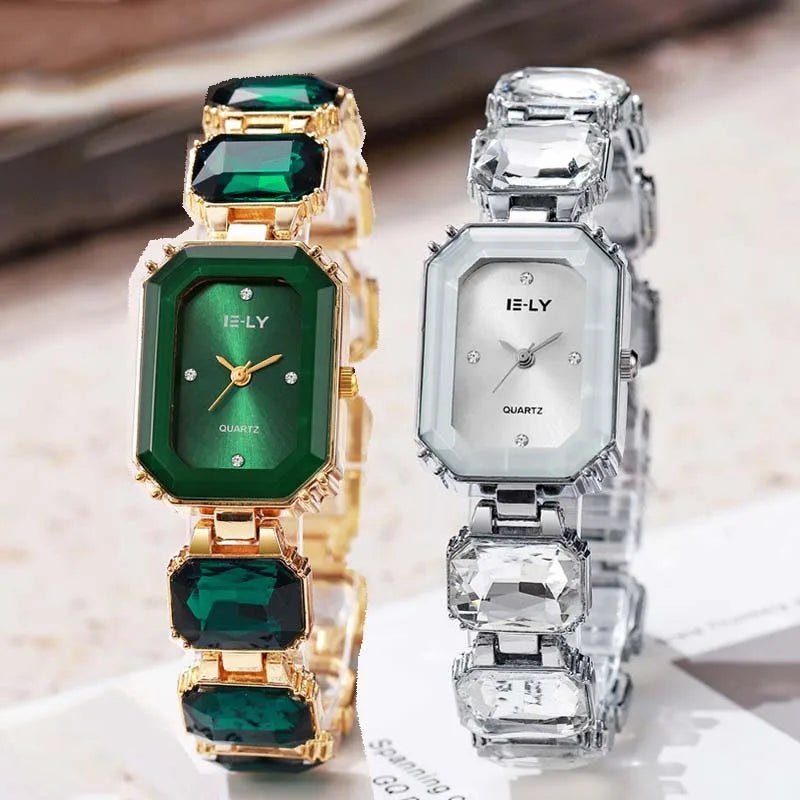 Montre à quartz colorée avec gros diamants pour femmes, tendance, cadeau de luxe, bracelet en strass, horloge, livraison directe