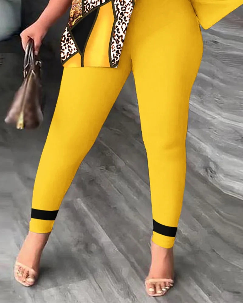 Conjuntos de dos piezas elegantes para mujer, nueva moda, estampado, top de manga con volantes, conjunto de pantalones de color sólido con cinturón, blusas, ropa femenina