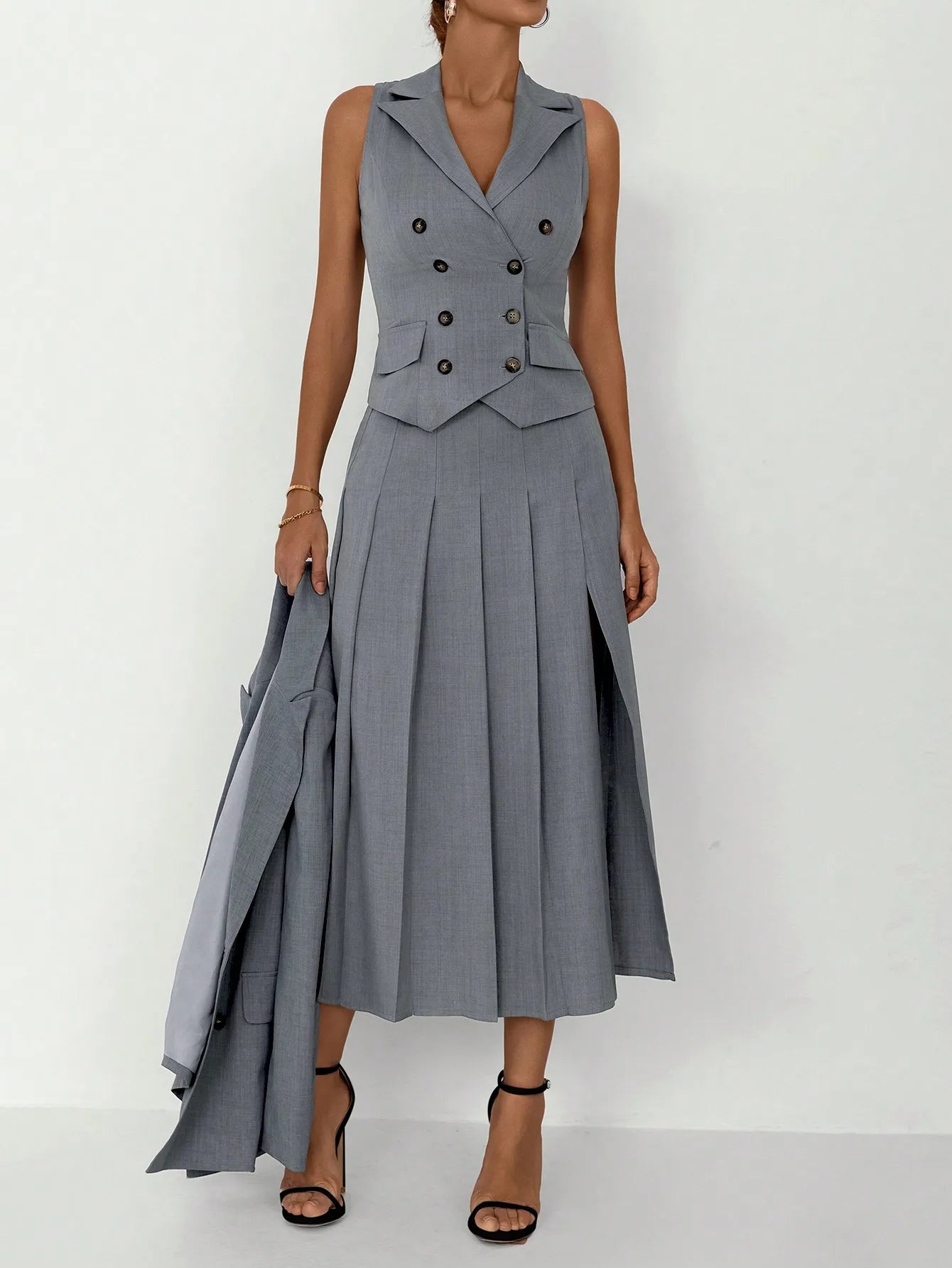 Conjunto de 3 piezas de traje elegante de negocios para mujer: Chaleco entallado para primavera/verano, falda midi plisada, adecuado para la mujer de oficina