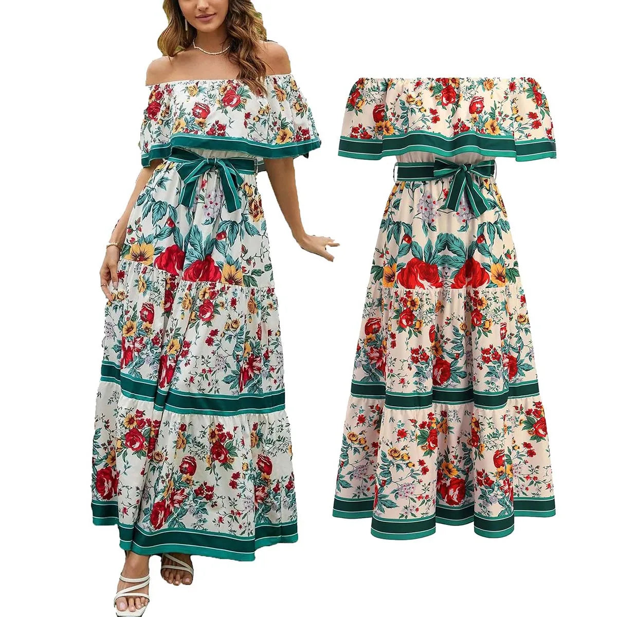 Vestido mexicano tradicional étnico mexicano del Cinco de Mayo con estampado floral de verano y hombros descubiertos para mujer
