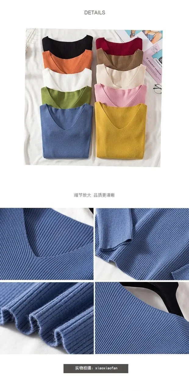 Suéter de mujer nuevo otoño invierno de manga larga jersey básico top de moda cuello en V elástico femenino invierno de punto sólido
