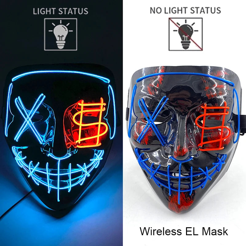 Máscara de purga LED de neón inalámbrica, que brilla en la oscuridad, máscara de cosplay de terror para Halloween, máscaras de fiesta de disfraces, accesorios luminosos divertidos