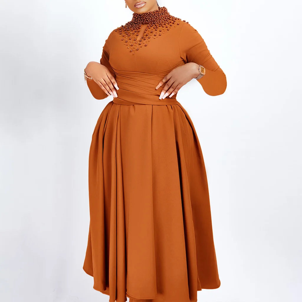 Vestido Elegante Africano para Mujer, Vestidos de Noche con Cuello Alto y Cuentas a la Moda, Vestido Delgado de Temperamento para Mujer, Vestidos Casuales de Manga Larga