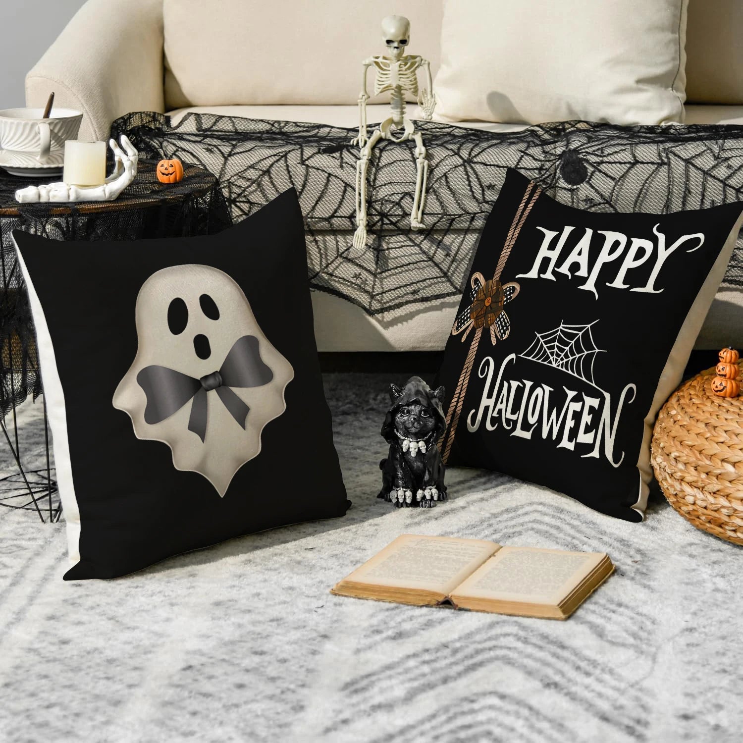 Funda de almohada de Halloween de 1/4 piezas, funda de cojín de calabaza fantasma con lazo de Halloween, funda de cojín decorativa para sofá, sala de estar, dormitorio