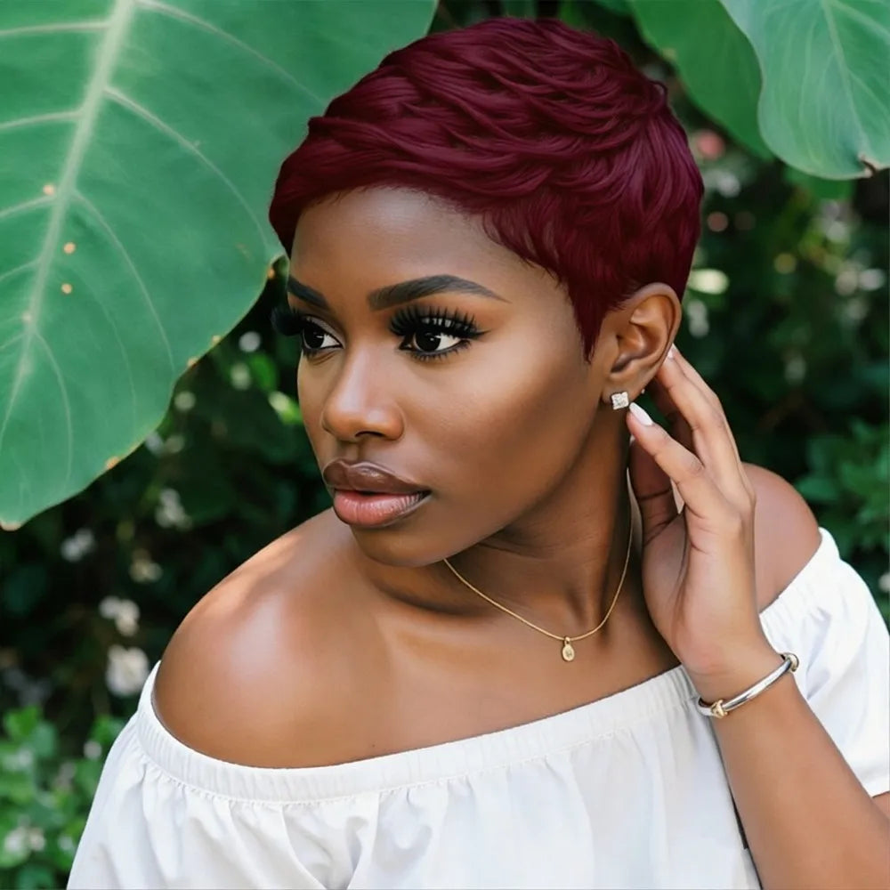 150%density 4inch short layered pixie cut human hair wig summer wig machine made hair wig for women natural black/99j color