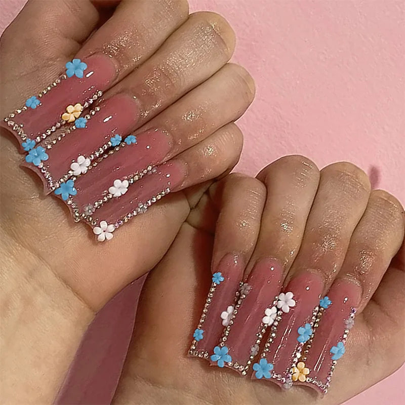 24 Uñas postizas largas a presión, de cobertura completa, con diseño de mariposa francesa, forma de ataúd, purpurina, pequeños diamantes, manicura portátil, puntas de uñas artificiales
