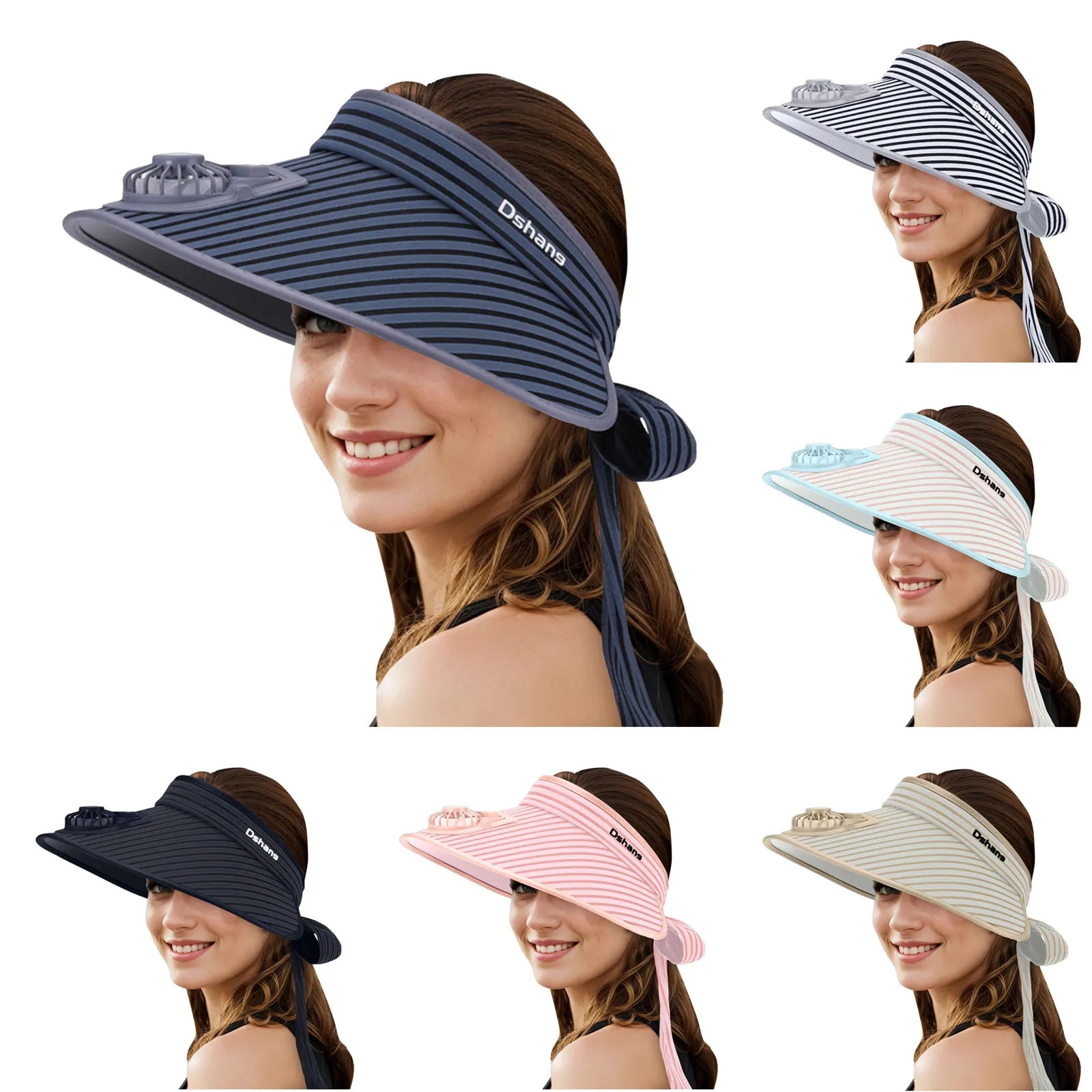 Gorro de sol con ventilador solar para mujer, moda, rayas, parte superior vacía, sombrero de verano con ventilador, visera bonita con tiras y lazo, sombreros de playa para exteriores