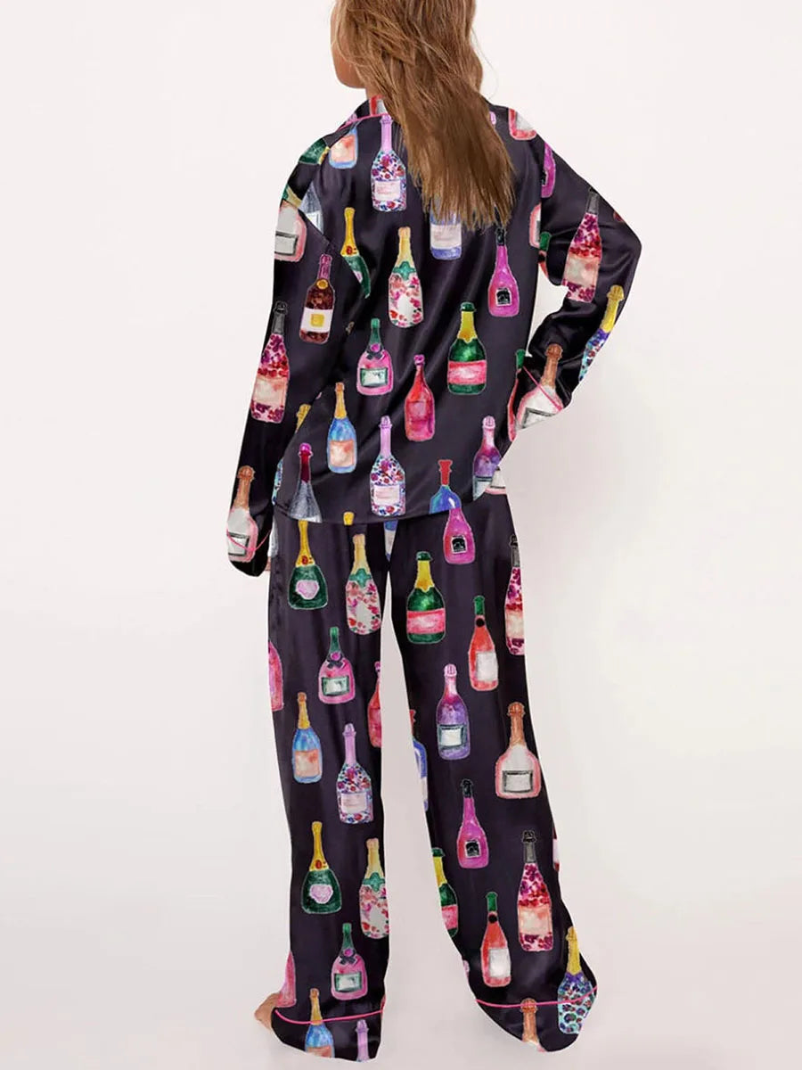 Conjuntos de pijamas de satén para mujer, 2 piezas, botella de champán, copas de vino, camisa de manga larga con botones, pantalones, ropa de satén de seda para estar en casa