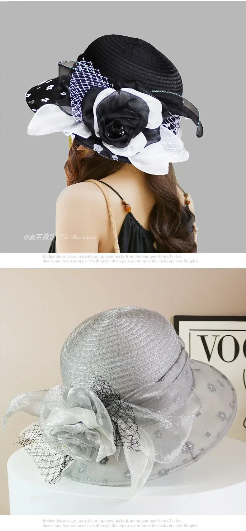 Sombrero de moda para mujer, elegante, de organza, con flor, ala ancha, para el sol, estilo retro, accesorio para fiesta o banquete, plegable para la playa