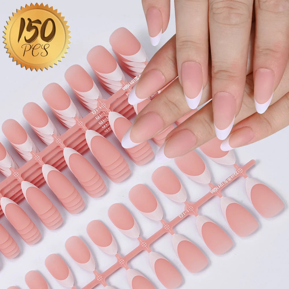 150/100/24Pcs Pink Matte French Press On Nail Tips Soft Full Cover Fake Nails Oval Almond False Nails Natural Extension Manicure