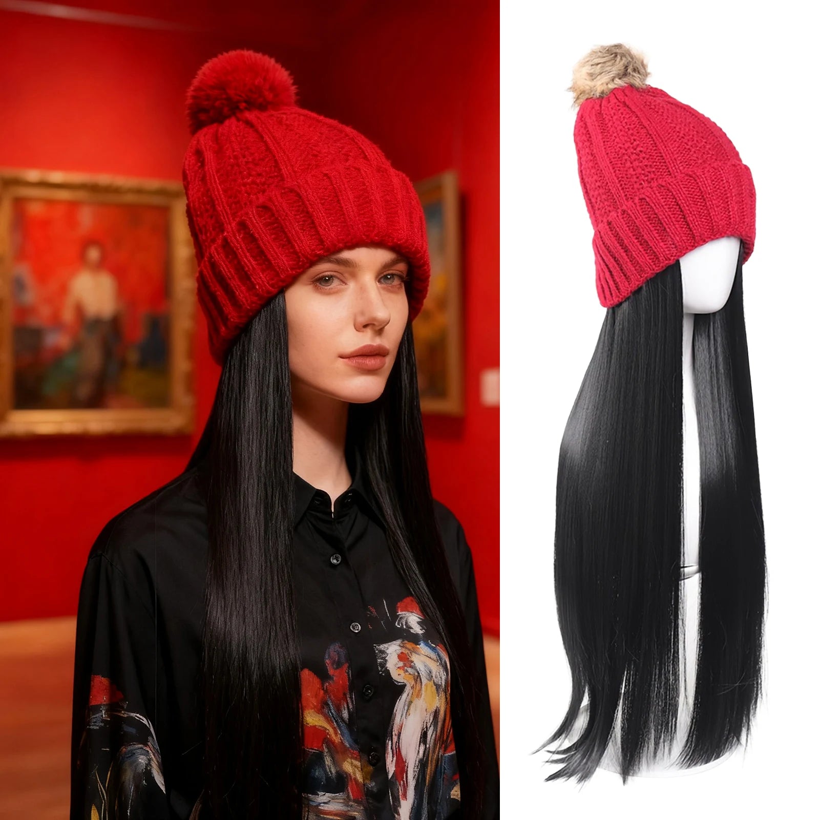Gorro de punto para mujer, con pelo largo liso, cálido, para invierno, con pelo de fibra sintética negra realista, para clima frío