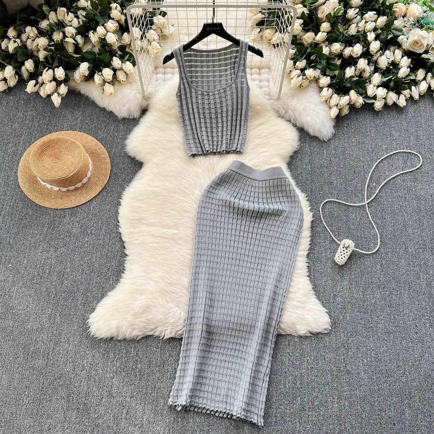 Conjunto de Falda para Mujer, Trajes de Dos Piezas, Chalecos, Tops Cortos, Faldas Largas de Punto Ajustadas, Cintura Alta, Estilo Urbano Y2K 2025, Para Fiesta o Playa