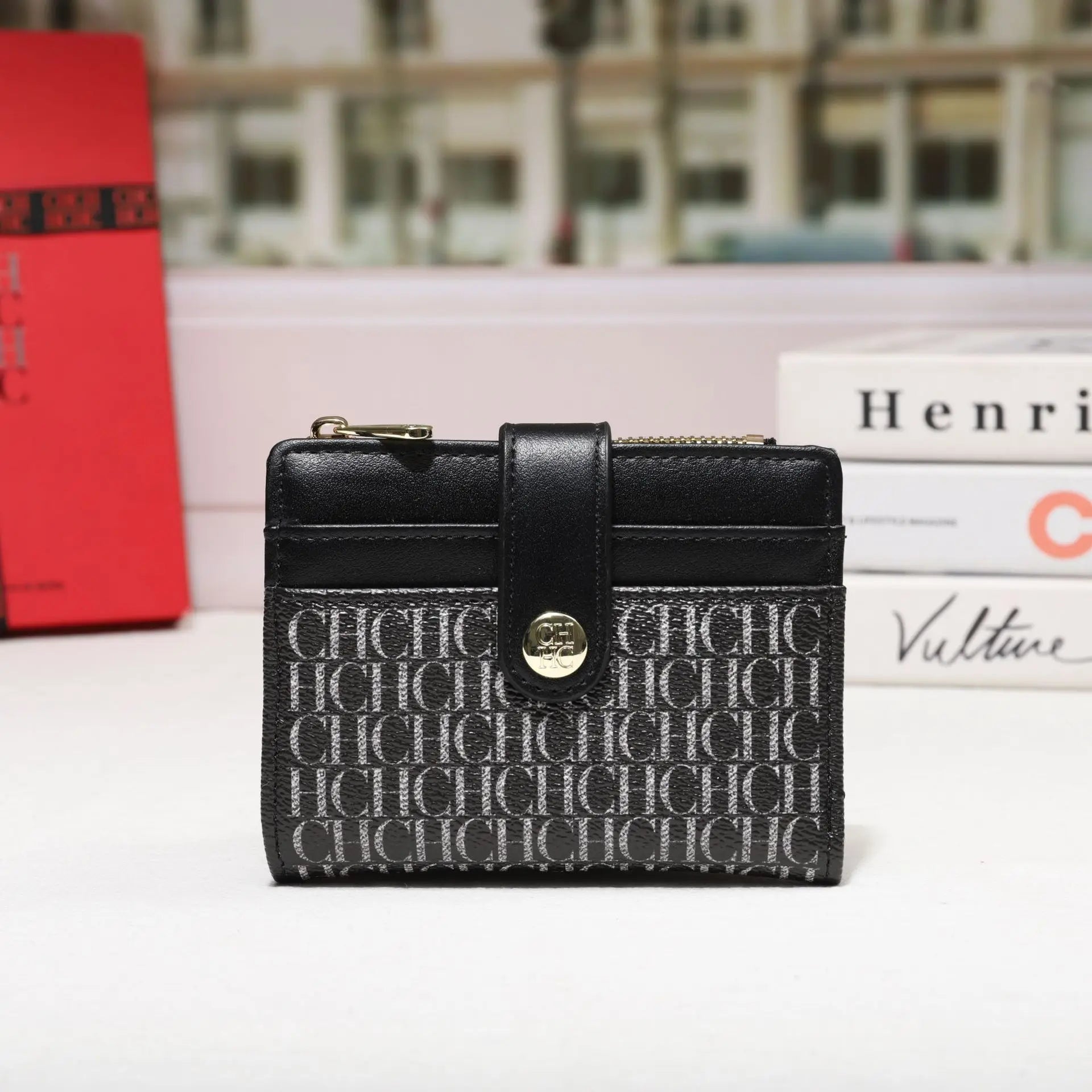 Cartera CH Luxury Classic plegable pequeña y ligera para mujer, cartera retro con estampado, mini tarjetero, monedero multifunción para tarjetas de identificación