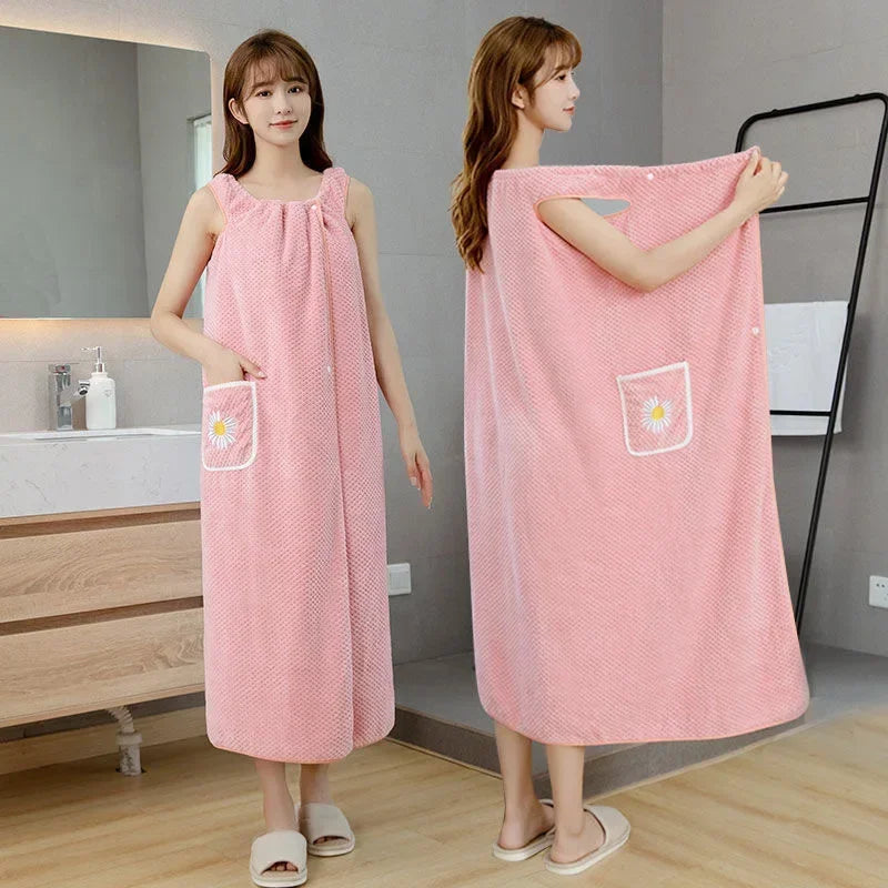 Toalla de baño para el hogar, para mujer, usable, para adultos, absorbe el agua, de poliéster, para secar el cabello, estilo falda larga, albornoz lavable para el baño