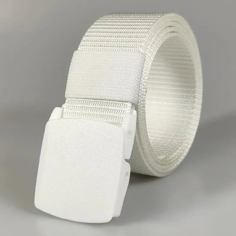 Ceintures en nylon à boucle automatique pour femmes, en toile, pour voyage en plein air, pantalons de sport haut de gamme, ceintures non métalliques pour hommes, blanc, noir, bleu, rouge