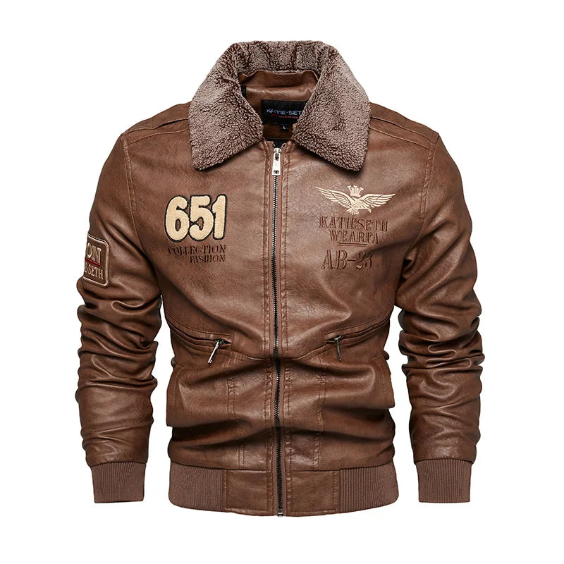 Chaquetas de moto para hombre de moda otoño/invierno casual de cuero bordadas estilo aviador en invierno terciopelo PU Jacke