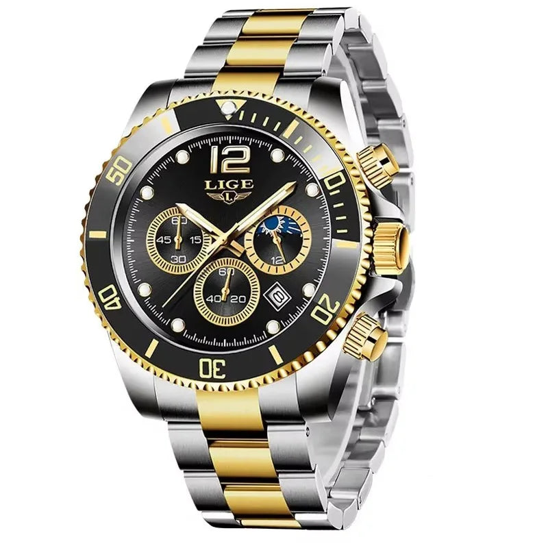 Reloj de hombre LIGE de marca superior, reloj de lujo para hombre, deportivo, resistente al agua, cronógrafo de acero inoxidable, reloj de pulsera de cuarzo, Relogio Masculino+Caja
