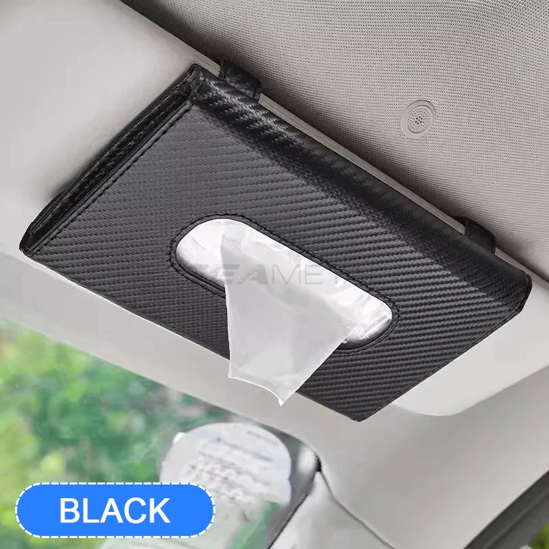SEAMETAL Parasol de coche con dispensador de pañuelos, caja de pañuelos universal para interior de coche, bolsa de almacenamiento de toallas de papel de fibra de carbono, cajas de pañuelos para parasol