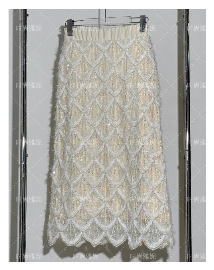 Conjunto de falda de lentejuelas y abalorios de moda de alta gama, Primavera 2025, Nueva camiseta de manga larga, Falda de cadera ajustada de cintura alta, Conjunto de 2 piezas