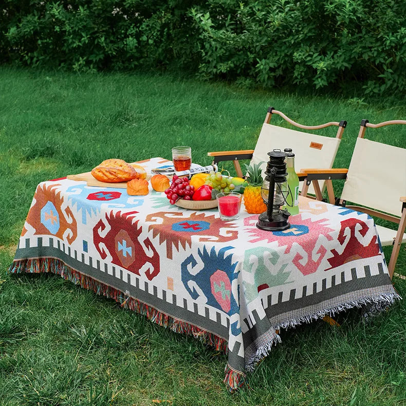 Mantel rectangular colorido estilo bohemio de tela de algodón y lino, mantel de decoración para camping al aire libre con diseño geométrico simple