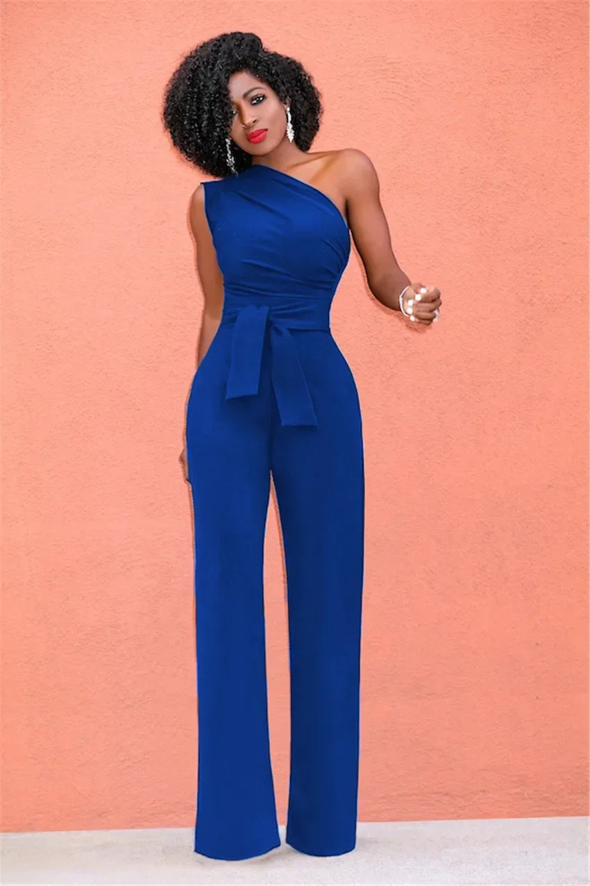 Damejumpsuit Ensfarget Skjev Krage Avskåret Topp Rette Bukser Belte Sexy Ermeløs Løse Bukser Elegant Sjarmerende Playsuits