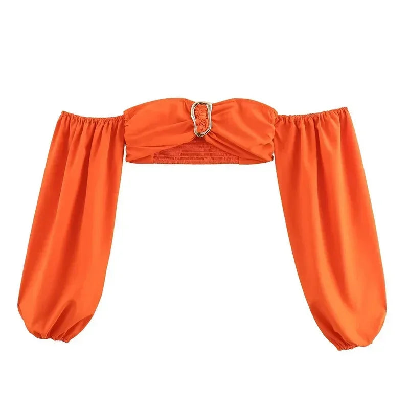 Sexy Bikini Top Skirt Set Women Long Lantern Sleeve Off Shoulder Cropped Tops Pleated Split Skirts 2025 Summer Lady Beach Outfit