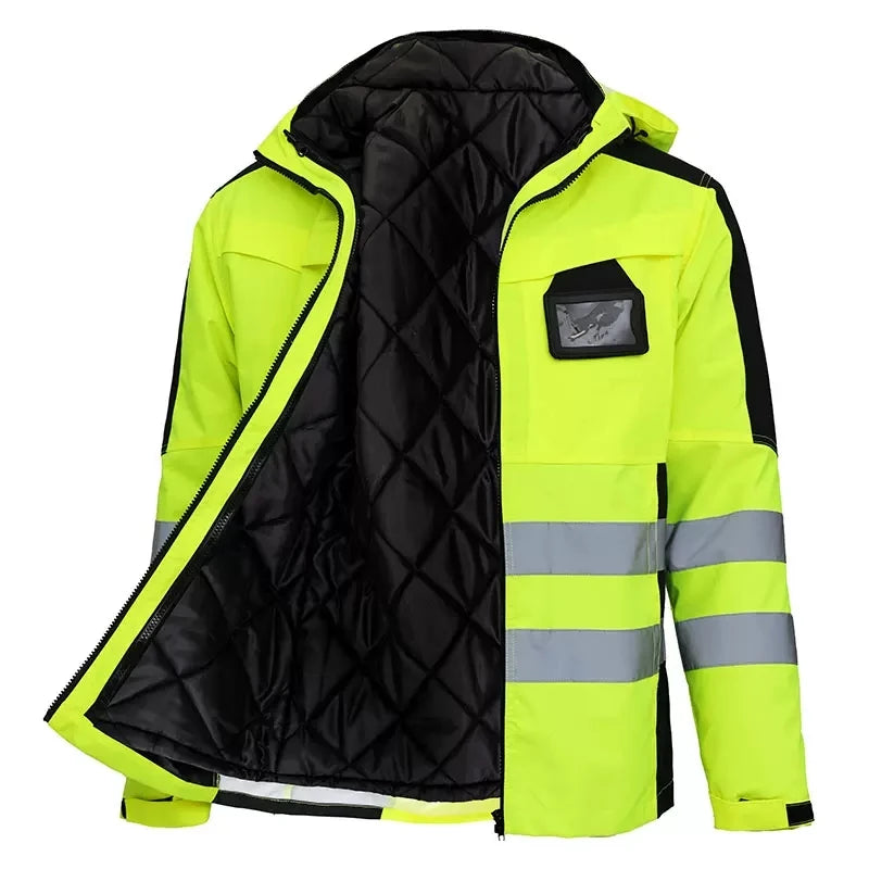 Trajes de trabajo de alta visibilidad amarillos para el invierno, conjunto de chaqueta impermeable de alta visibilidad 3 en 1 con forro y pantalones de trabajo para hombre