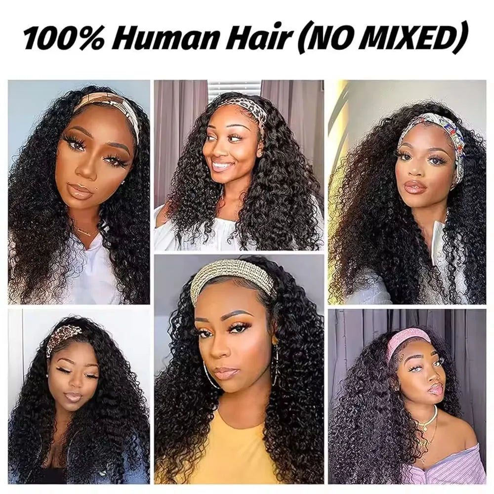 Pelucas con Diadema de Cabello Humano, Ondas Profundas, 250% Sin Encaje, Sin Pegamento, Pelucas Hechas a Máquina, Aptas para Principiantes, Pelucas Rizadass