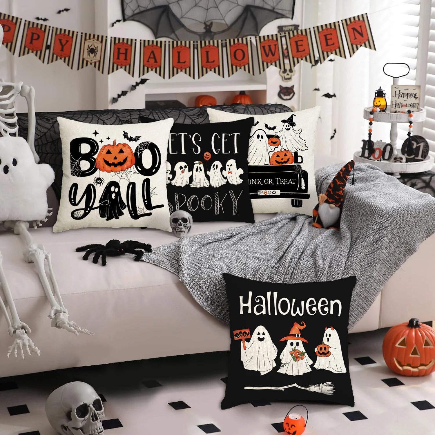 1 ud./4 Uds. Funda de almohada decorativa de Halloween, funda de cojín de truco o trato, fantasma, cabeza de calabaza, funda de cojín de sofá con decoración de murciélago
