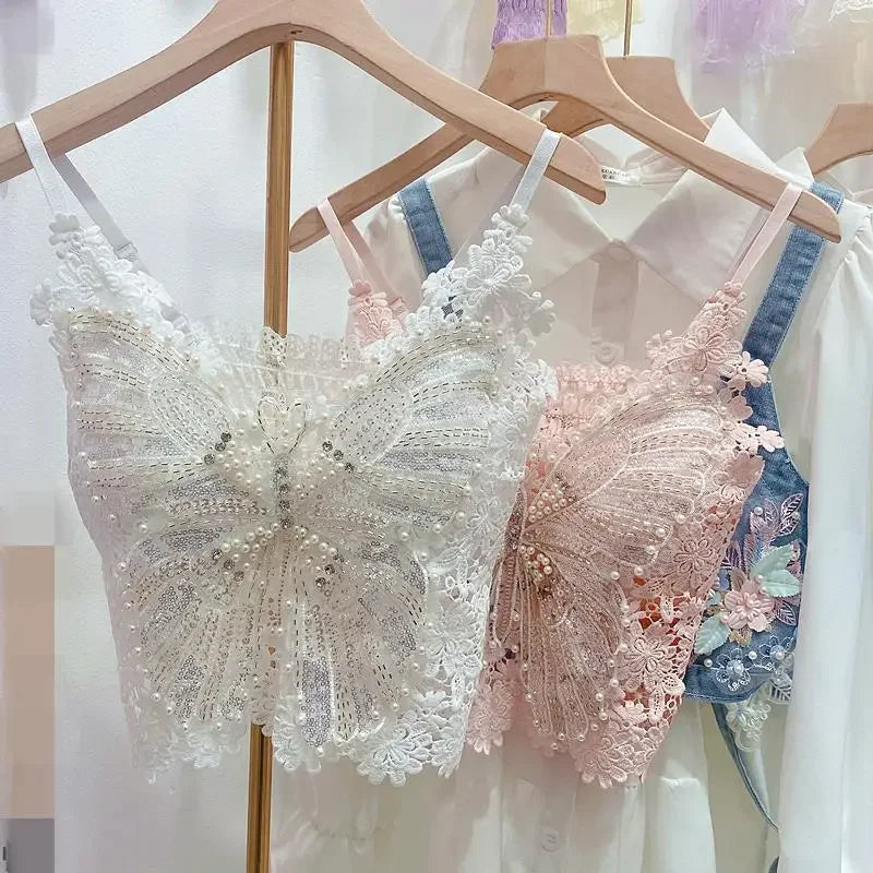 Ropa de mujer, top corto sexy con abalorios pesados y estampado floral, top de encaje de mariposa, top corto que deja el ombligo al descubierto, camiseta de tirantes de verano.