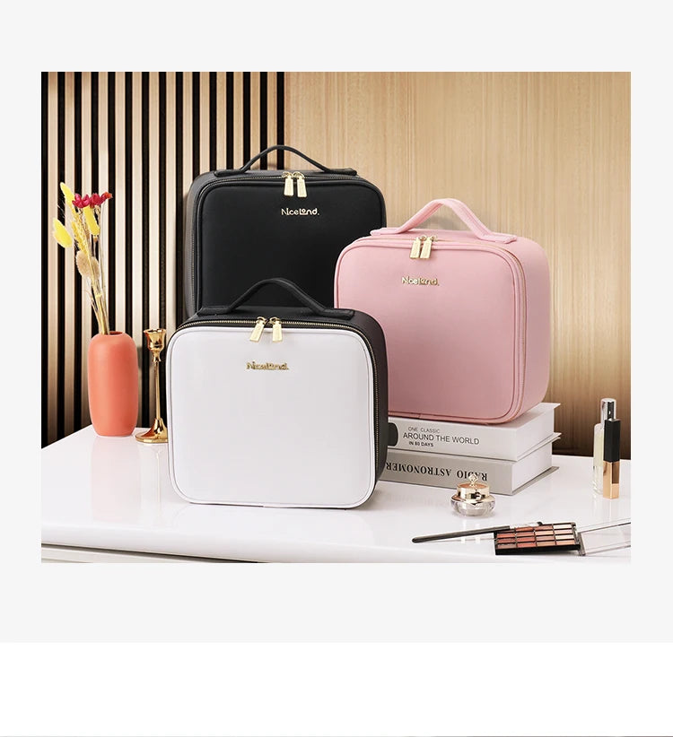 Bolsa de maquillaje, neceser de viaje de gran capacidad, impermeable, organizador de cosméticos con compartimento para brochas de maquillaje y asa para mujer