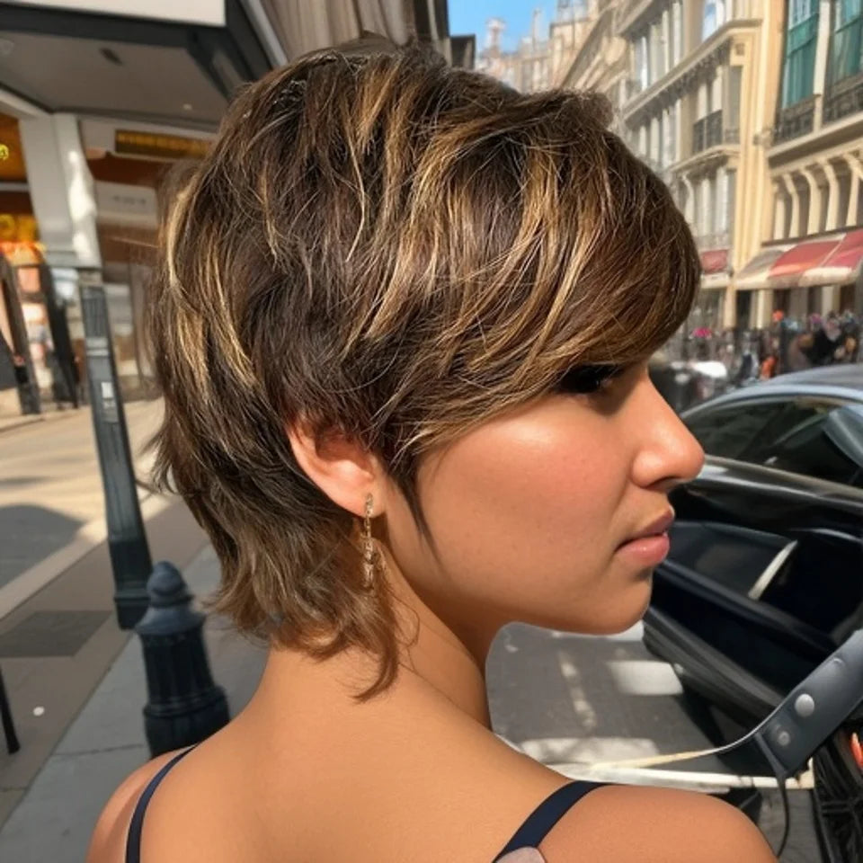Short Brown Highlights Human Hair Full Machine Made Pixie Cut Wig for Black Women
